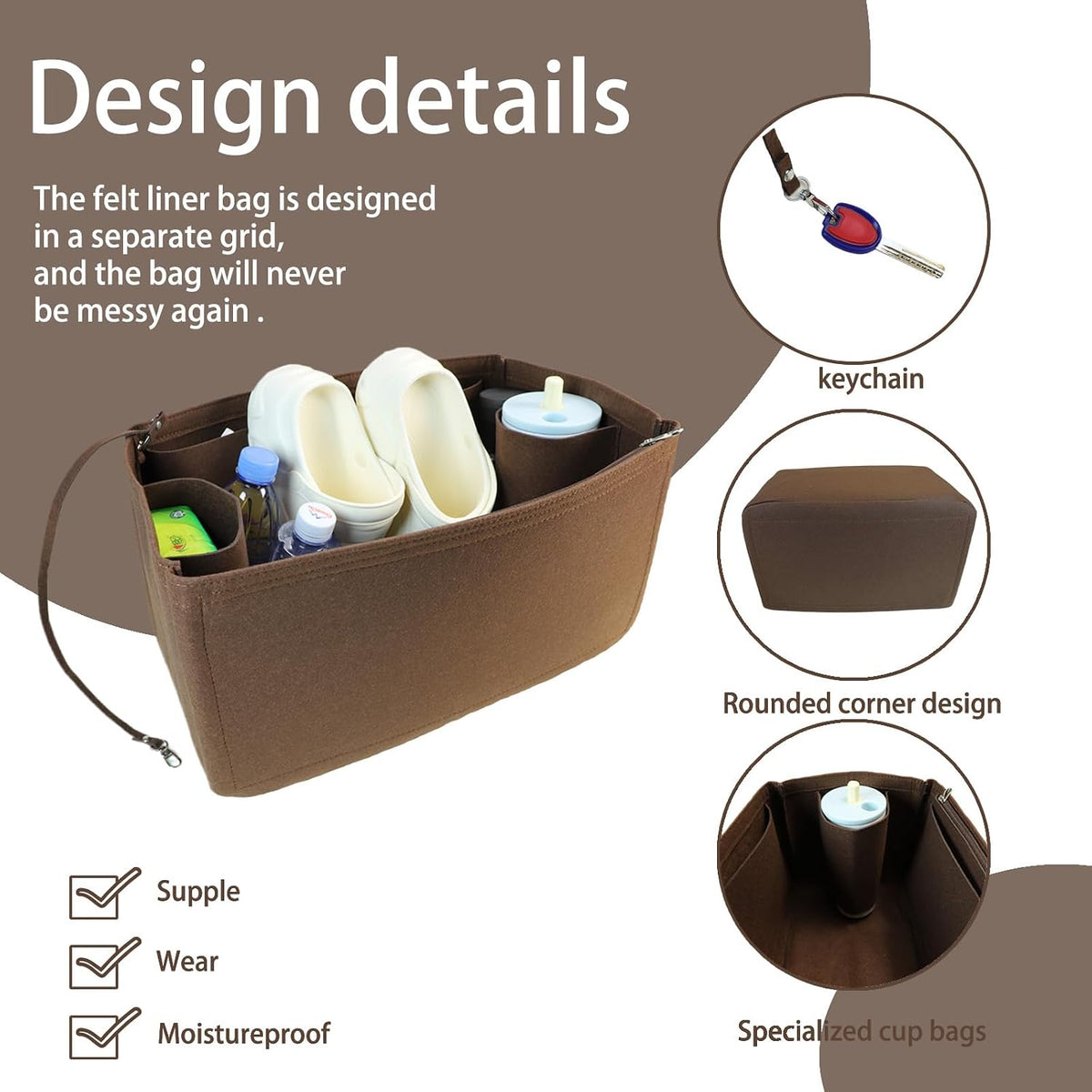 Felt Tote Organizer Insert for Rubber Beach Bag, Bag Divider Pouch Accessories, ONLY Insert Included (Bag Not Included) - 3018 Black-L