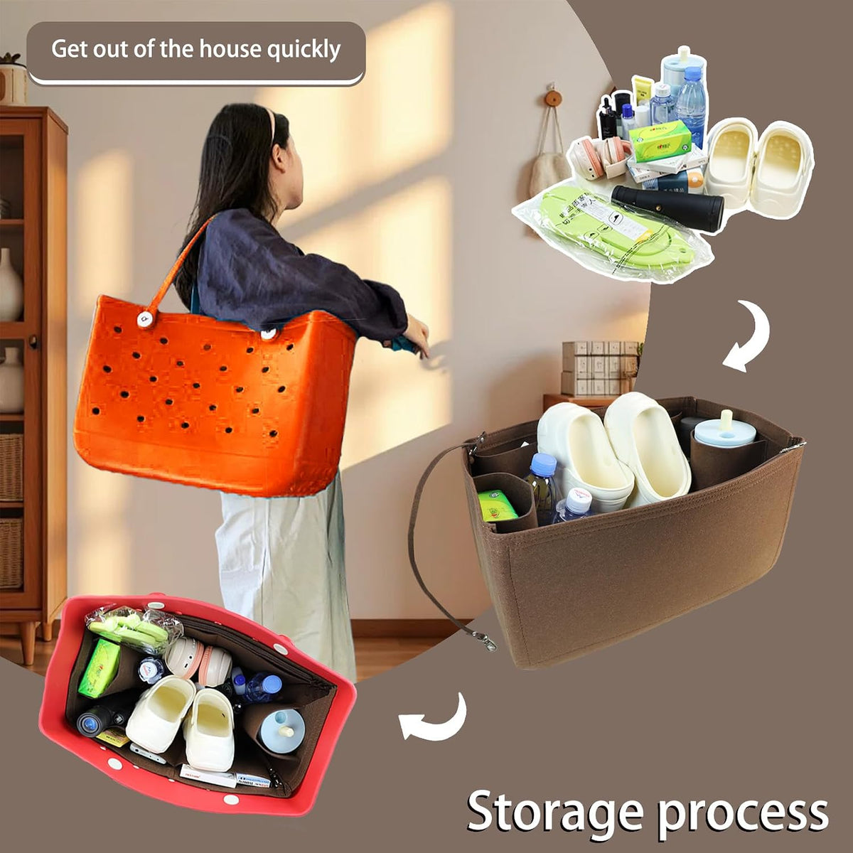 Felt Tote Organizer Insert for Rubber Beach Bag, Bag Divider Pouch Accessories, ONLY Insert Included (Bag Not Included) - 3018 Black-L