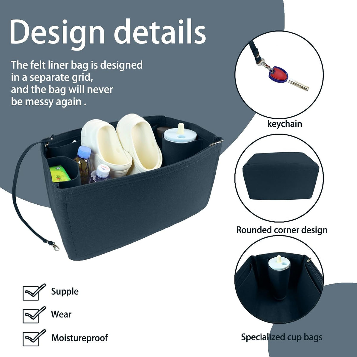 Felt Tote Organizer Insert for Rubber Beach Bag, Bag Divider Pouch Accessories, ONLY Insert Included (Bag Not Included) - 3018 Black-L