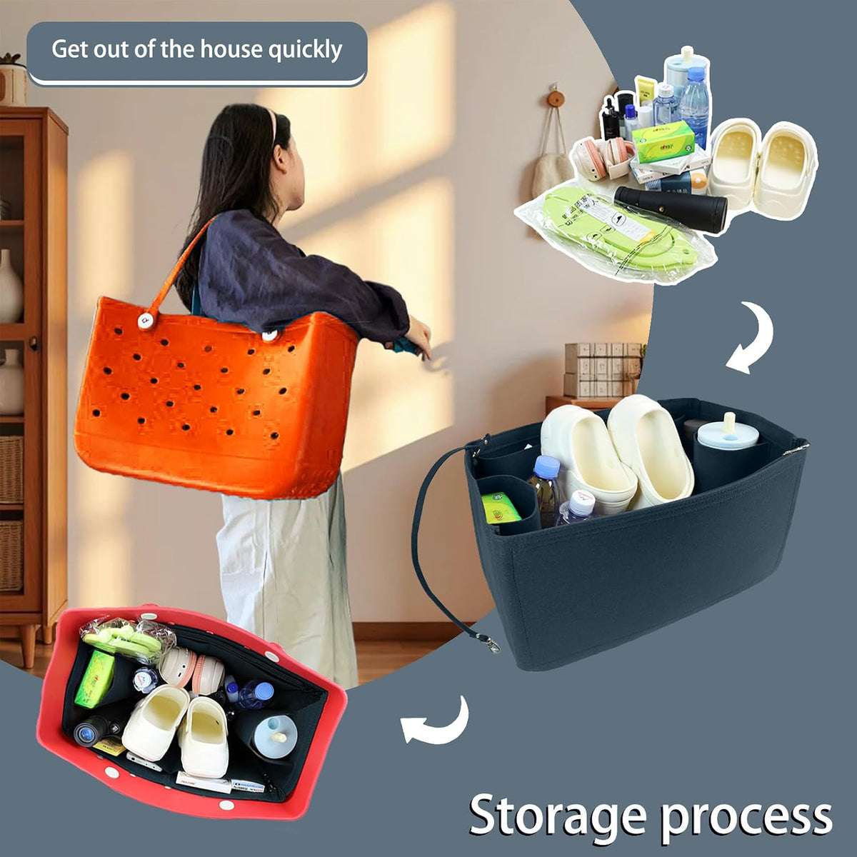 Felt Tote Organizer Insert for Rubber Beach Bag, Bag Divider Pouch Accessories, ONLY Insert Included (Bag Not Included) - 3018 Black-L
