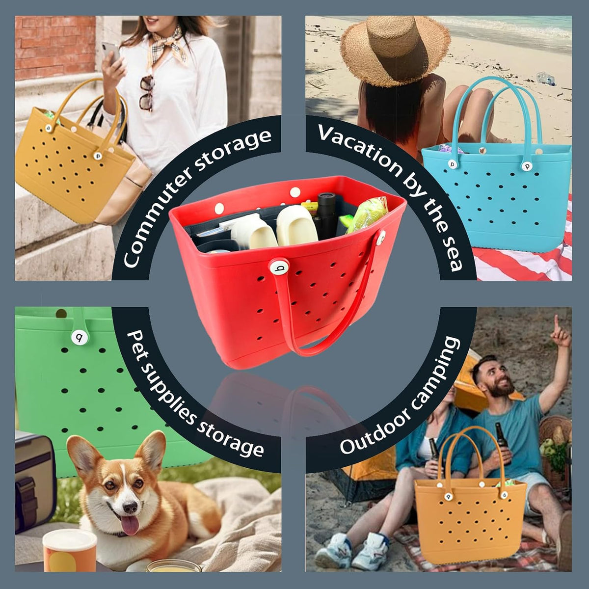 Felt Tote Organizer Insert for Rubber Beach Bag, Bag Divider Pouch Accessories, ONLY Insert Included (Bag Not Included) - 3018 Black-L