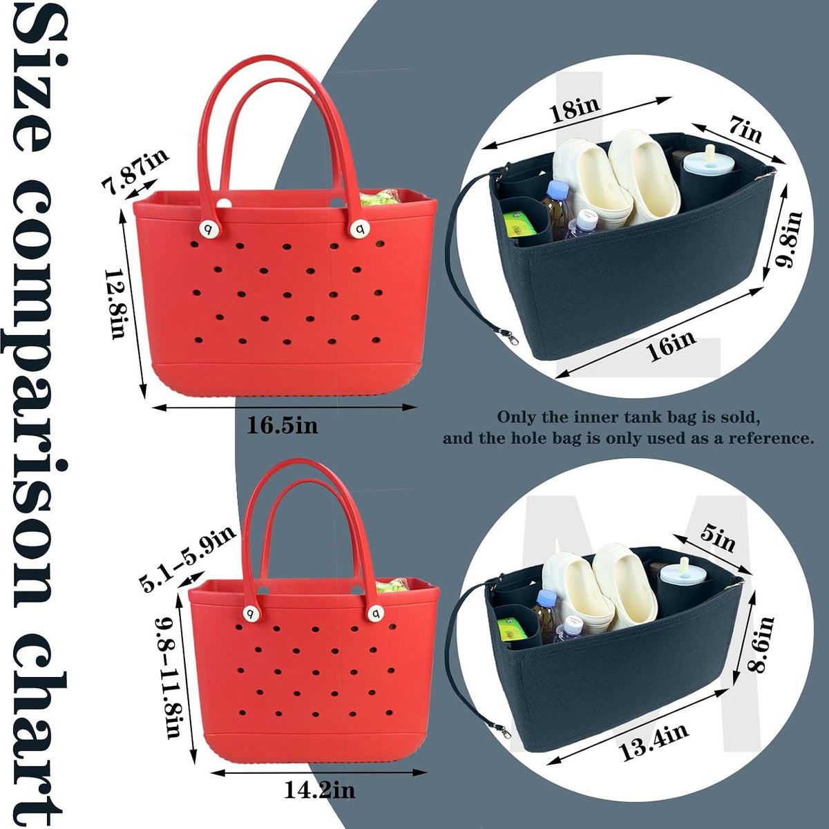Felt Tote Organizer Insert for Rubber Beach Bag, Bag Divider Pouch Accessories, ONLY Insert Included (Bag Not Included) - 3018 Black-L