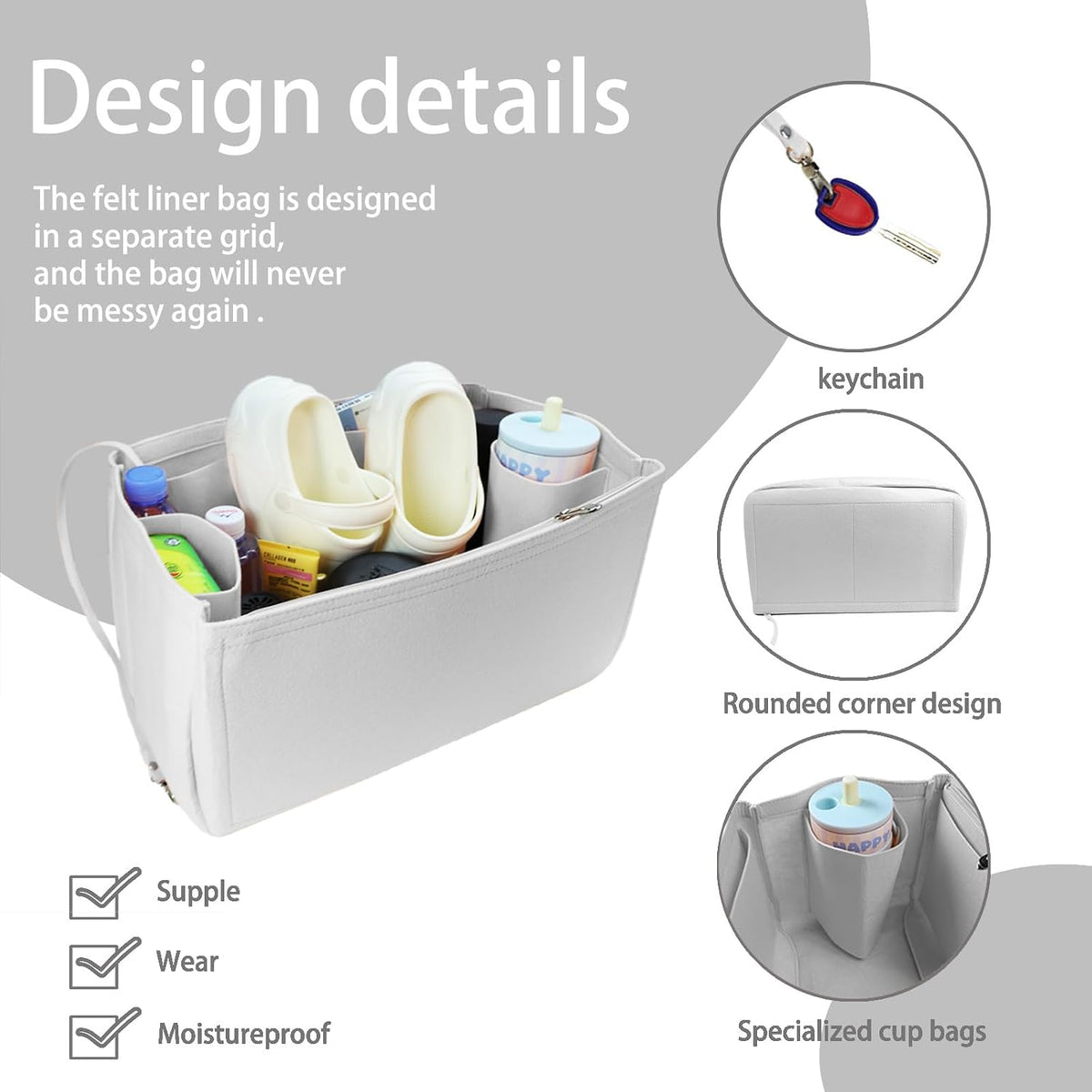 Felt Tote Organizer Insert for Rubber Beach Bag, Bag Divider Pouch Accessories, ONLY Insert Included (Bag Not Included) - 3018 Black-L