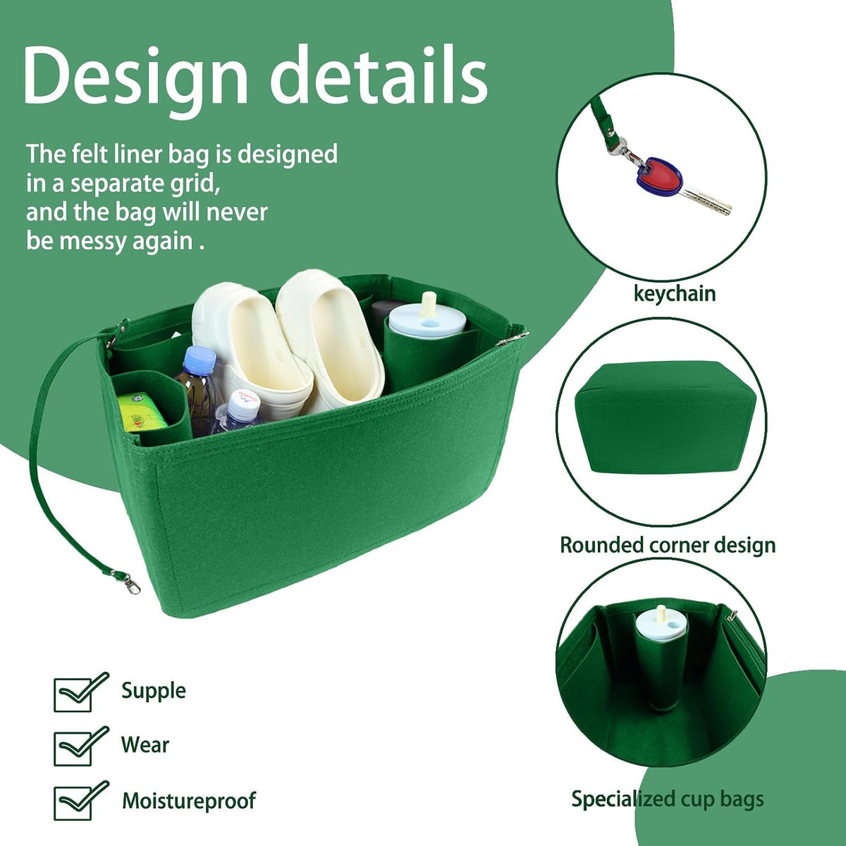 Felt Tote Organizer Insert for Rubber Beach Bag, Bag Divider Pouch Accessories, ONLY Insert Included (Bag Not Included) - 3018 Black-L