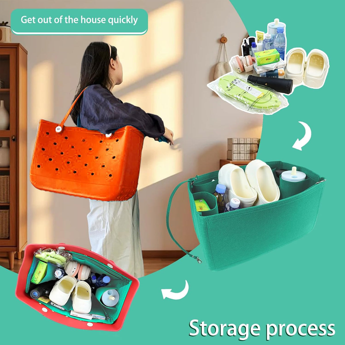 Felt Tote Organizer Insert for Rubber Beach Bag, Bag Divider Pouch Accessories, ONLY Insert Included (Bag Not Included) - 3018 Black-L