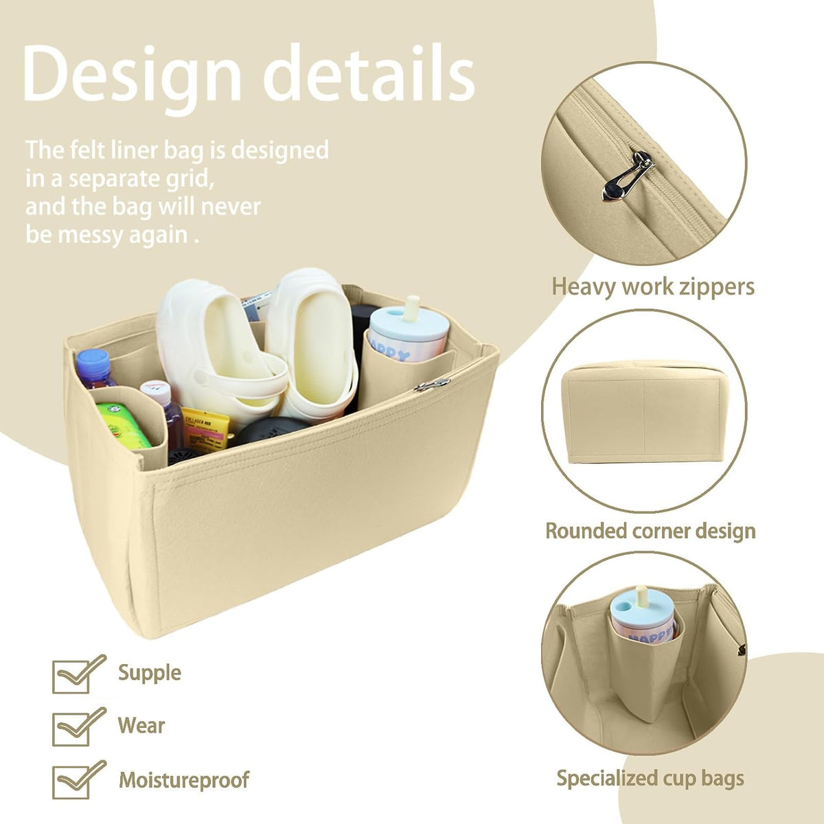 Felt Tote Organizer Insert for Rubber Beach Bag, Bag Divider Pouch Accessories, ONLY Insert Included (Bag Not Included) - 3018 Black-L