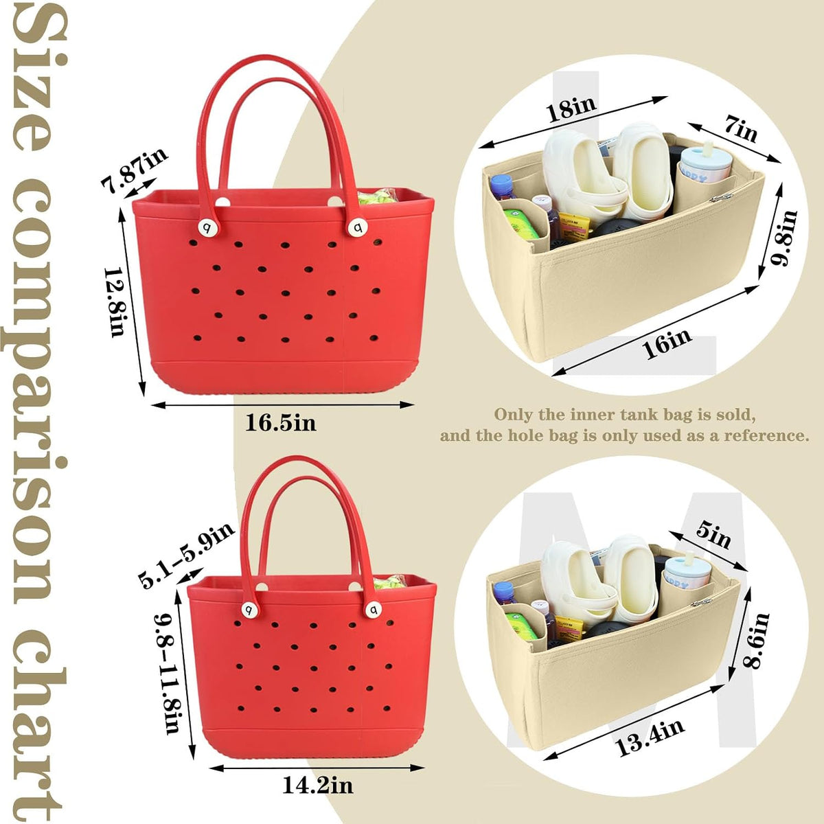 Felt Tote Organizer Insert for Rubber Beach Bag, Bag Divider Pouch Accessories, ONLY Insert Included (Bag Not Included) - 3018 Black-L