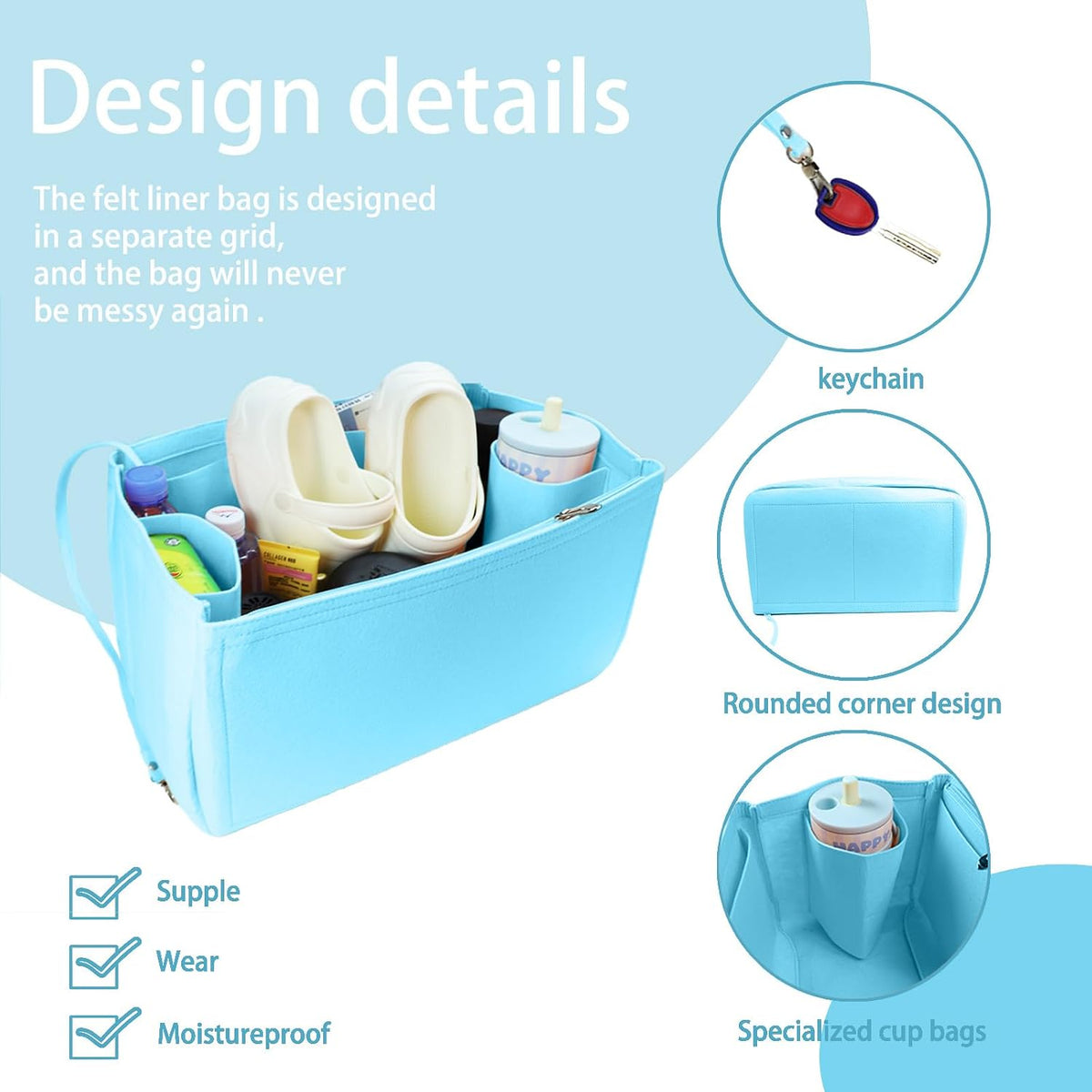 Felt Tote Organizer Insert for Rubber Beach Bag, Bag Divider Pouch Accessories, ONLY Insert Included (Bag Not Included) - 3018 Black-L