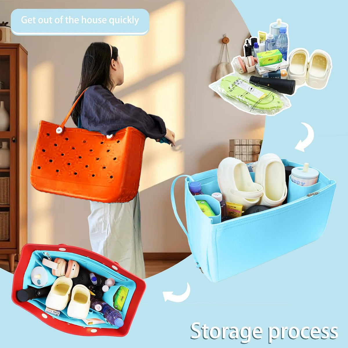 Felt Tote Organizer Insert for Rubber Beach Bag, Bag Divider Pouch Accessories, ONLY Insert Included (Bag Not Included) - 3018 Black-L