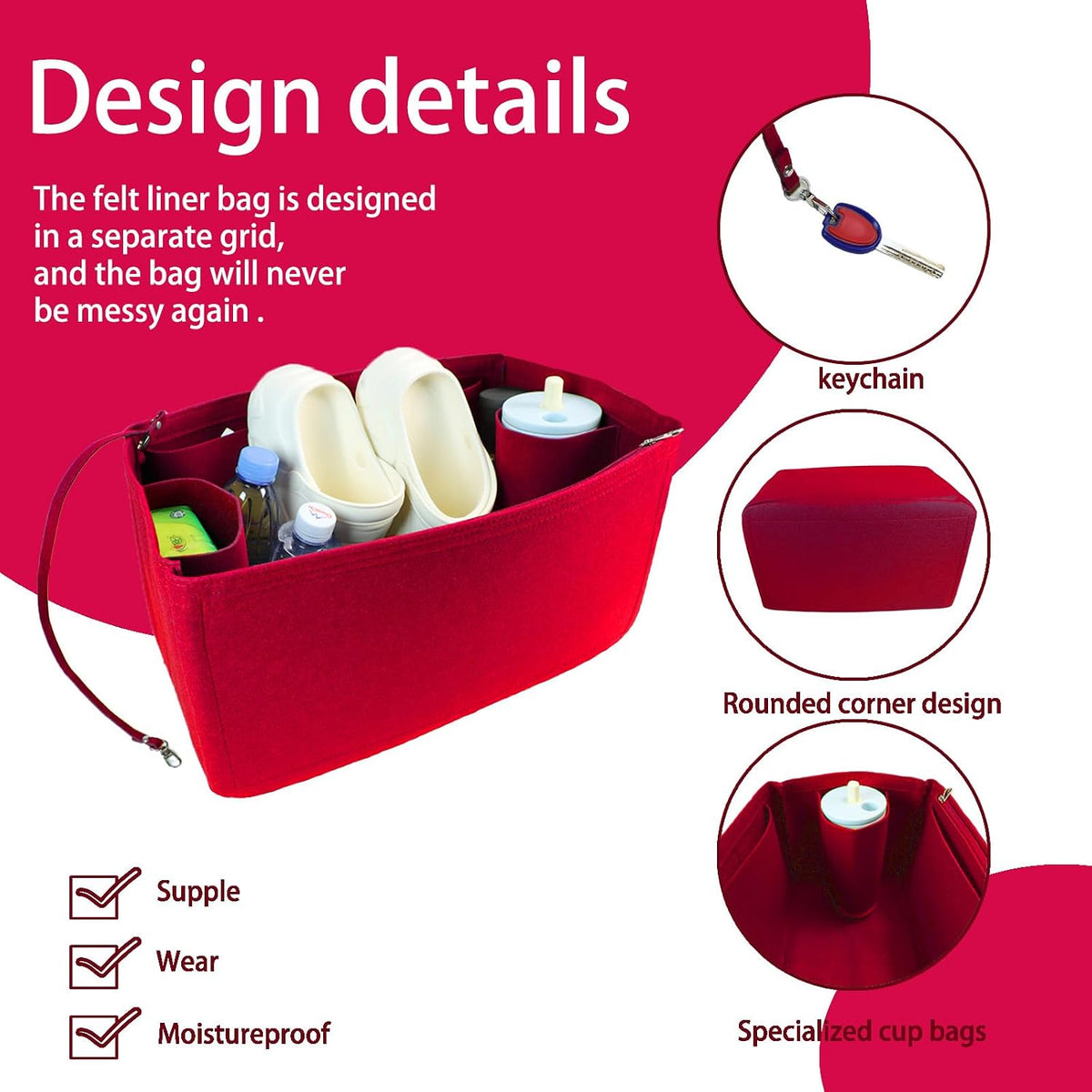 Felt Tote Organizer Insert for Rubber Beach Bag, Bag Divider Pouch Accessories, ONLY Insert Included (Bag Not Included) - 3018 Black-L