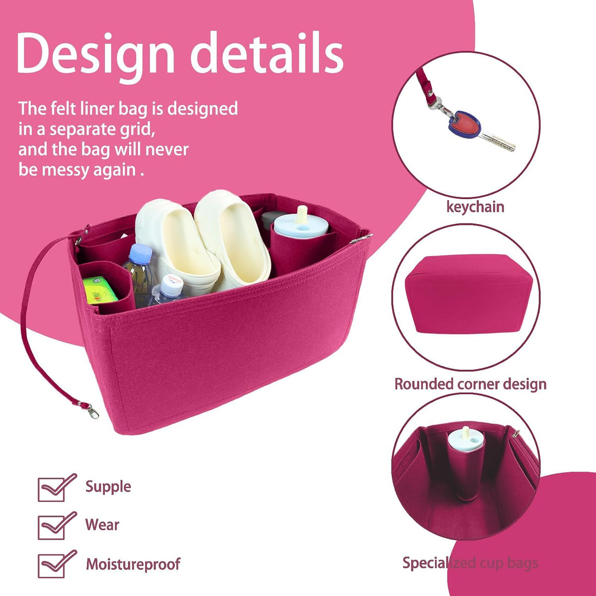 Felt Tote Organizer Insert for Rubber Beach Bag, Bag Divider Pouch Accessories, ONLY Insert Included (Bag Not Included) - 3018 Black-L