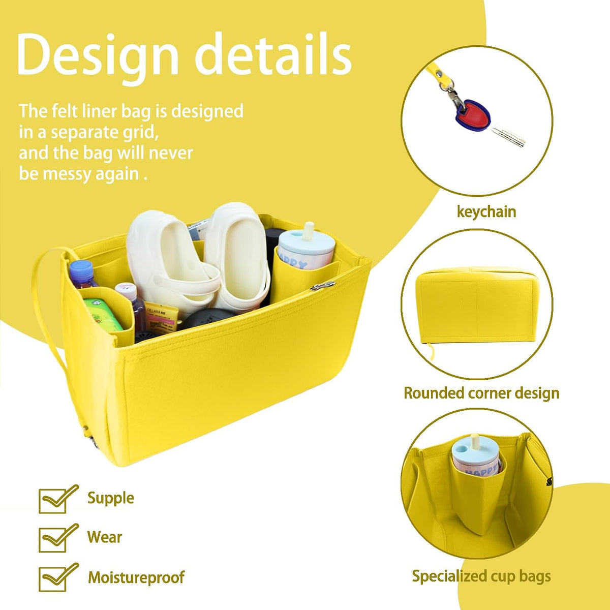 Felt Tote Organizer Insert for Rubber Beach Bag, Bag Divider Pouch Accessories, ONLY Insert Included (Bag Not Included) - 3018 Black-L