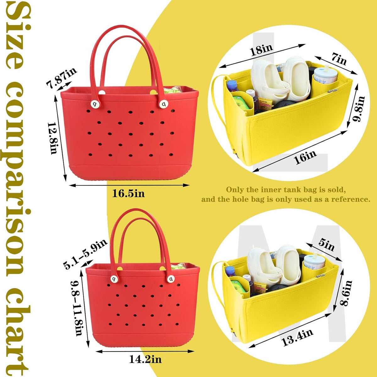 Felt Tote Organizer Insert for Rubber Beach Bag, Bag Divider Pouch Accessories, ONLY Insert Included (Bag Not Included) - 3018 Black-L