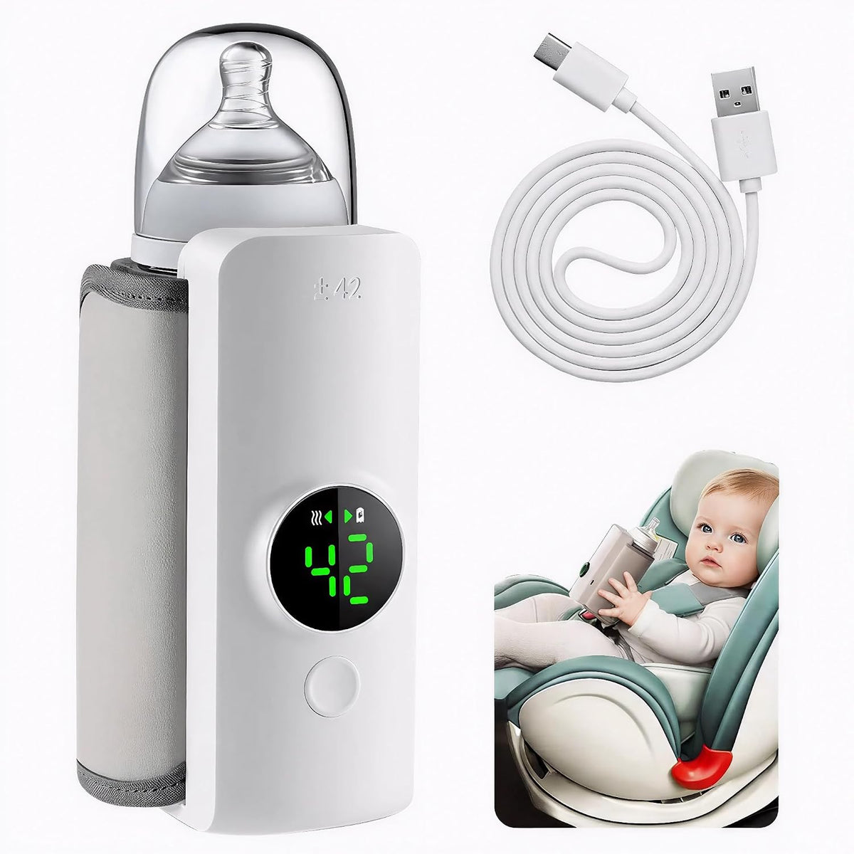 Portable Baby Bottle Warmer for Travel, Fast Heating & Precise Temp Control, Cordless Rechargeable Milk Warmer with LED Display, Waterless & Even Warming for Breastmilk On The Go