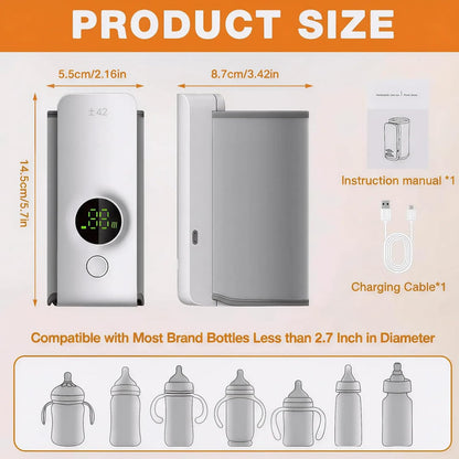 Portable Baby Bottle Warmer for Travel, Fast Heating & Precise Temp Control, Cordless Rechargeable Milk Warmer with LED Display, Waterless & Even Warming for Breastmilk On The Go