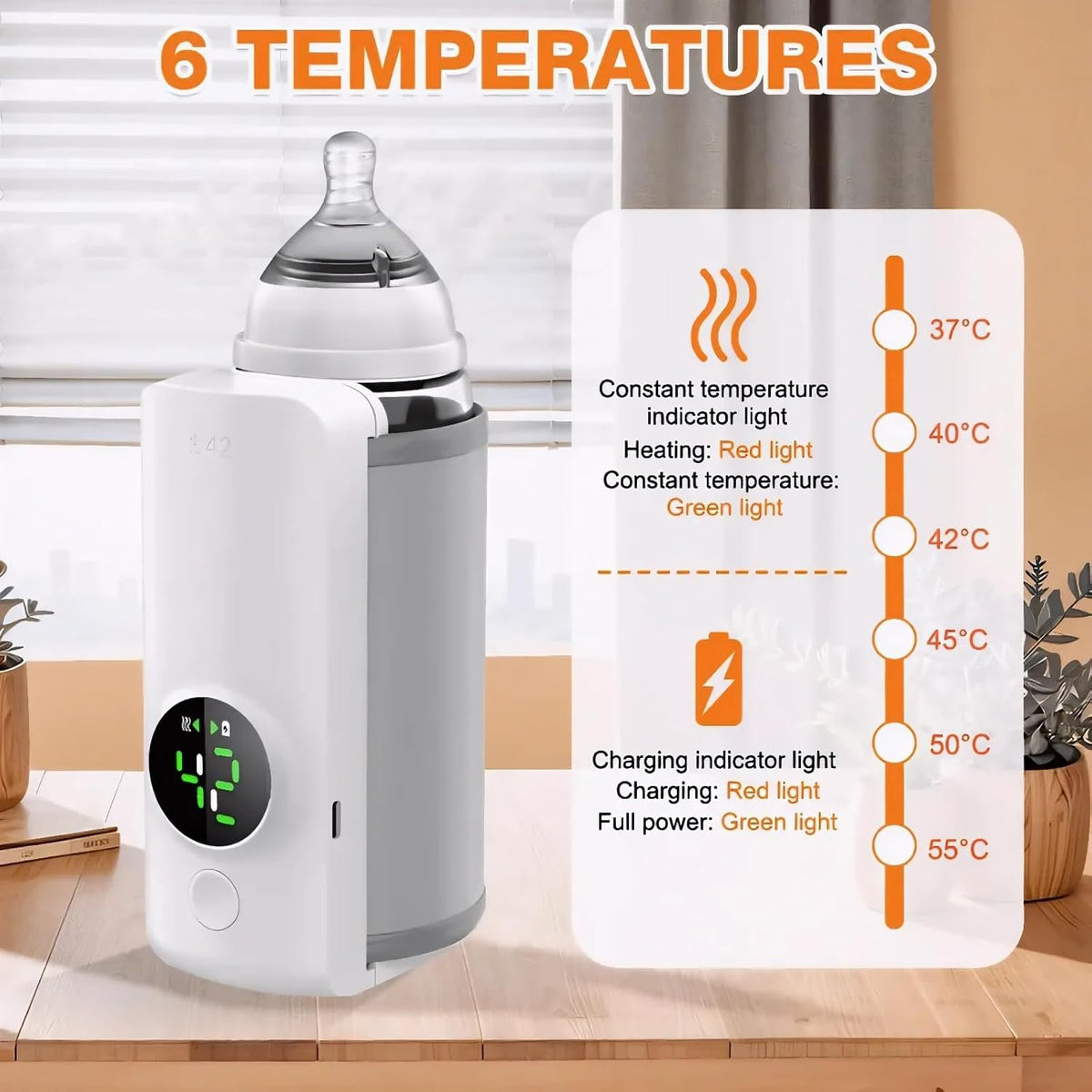 Portable Baby Bottle Warmer for Travel, Fast Heating & Precise Temp Control, Cordless Rechargeable Milk Warmer with LED Display, Waterless & Even Warming for Breastmilk On The Go
