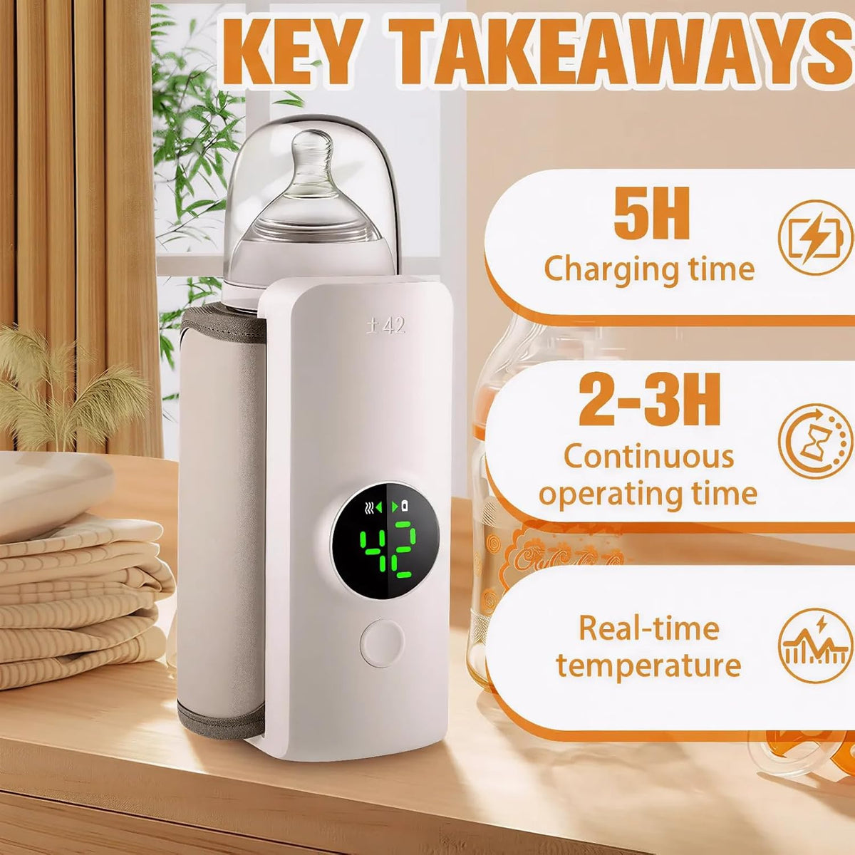 Portable Baby Bottle Warmer for Travel, Fast Heating & Precise Temp Control, Cordless Rechargeable Milk Warmer with LED Display, Waterless & Even Warming for Breastmilk On The Go