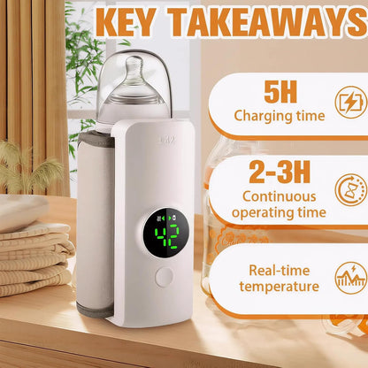 Portable Baby Bottle Warmer for Travel, Fast Heating & Precise Temp Control, Cordless Rechargeable Milk Warmer with LED Display, Waterless & Even Warming for Breastmilk On The Go