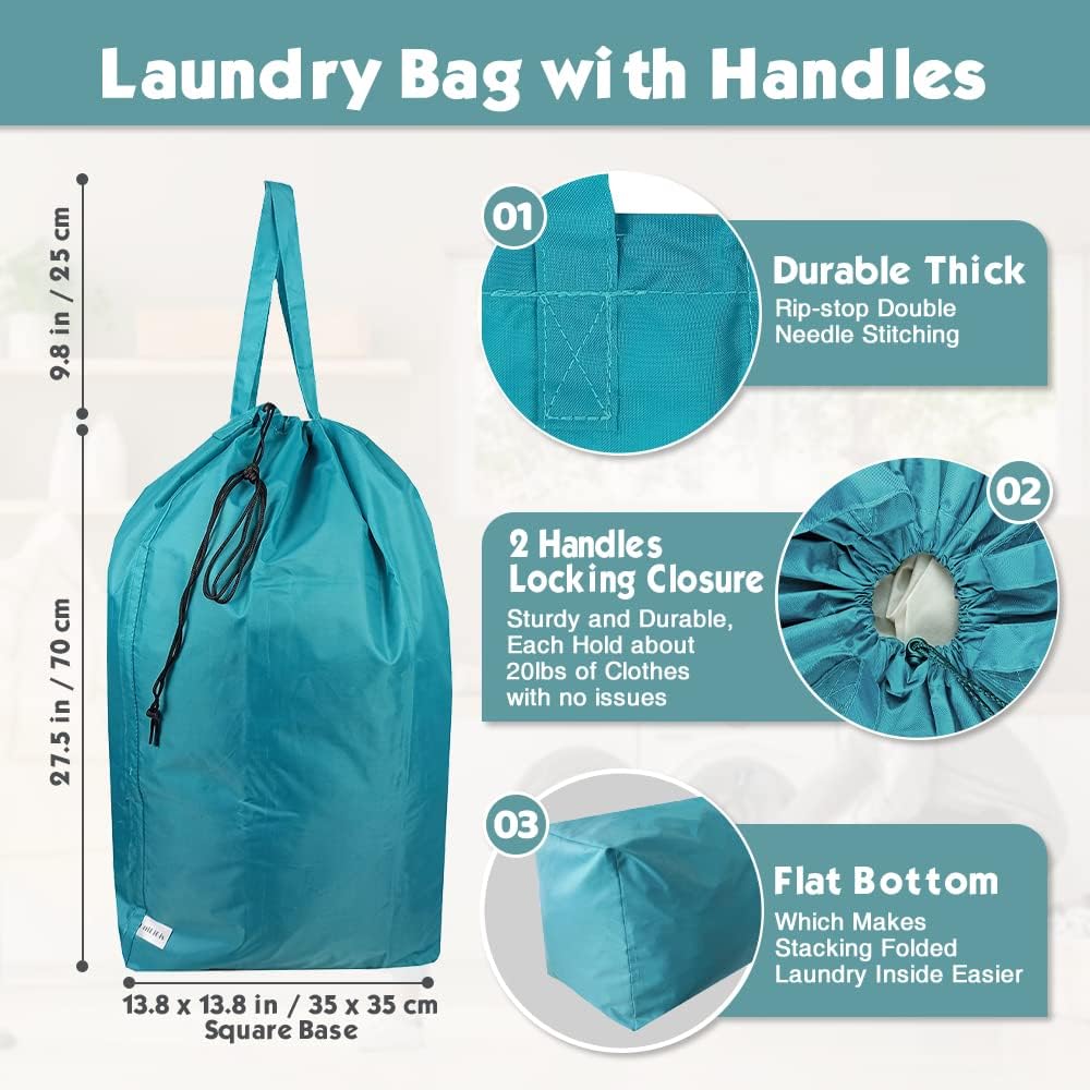 Tear Proof Nylon Laundry Bag with Handles,Hamper Liner with Drawstring Closure for Travel,Dirty Clothes Bag Fit Most Laundry Hamper and Sorter,27.5x34.5 inches Blue Aqua and Grey