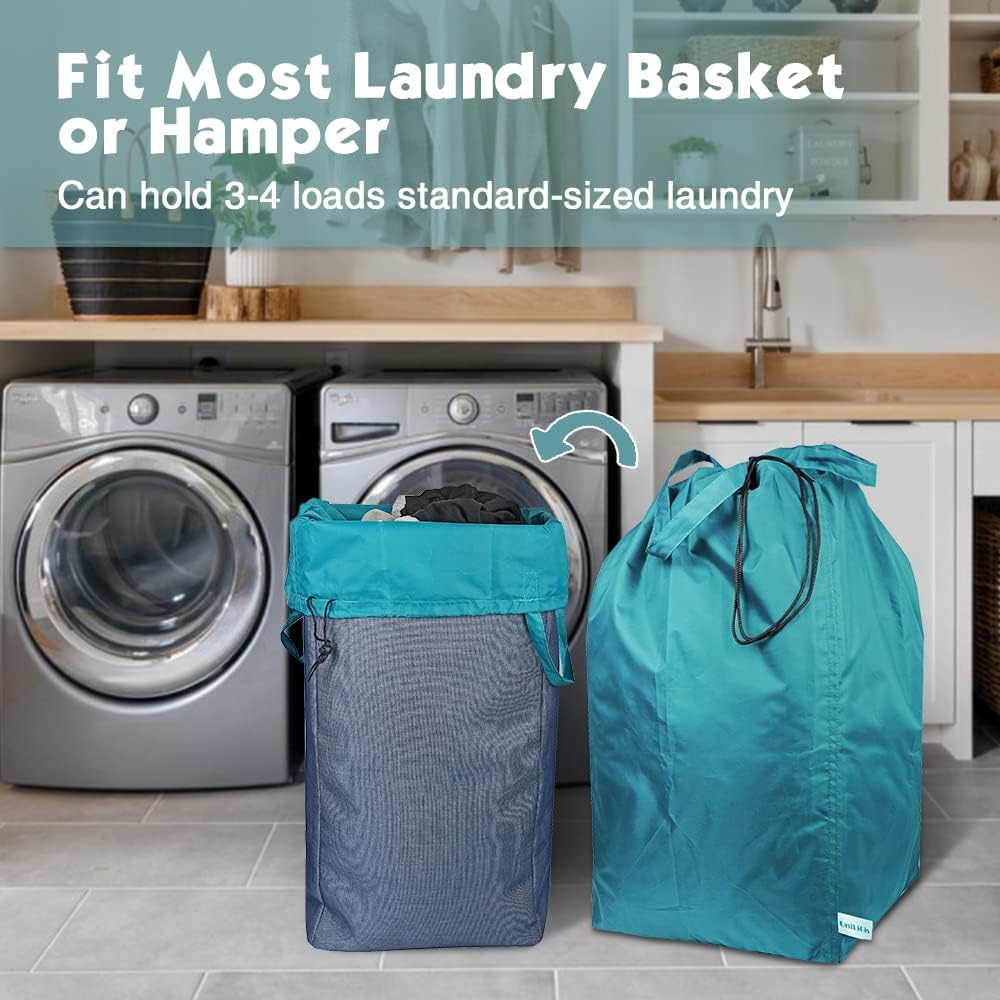Tear Proof Nylon Laundry Bag with Handles,Hamper Liner with Drawstring Closure for Travel,Dirty Clothes Bag Fit Most Laundry Hamper and Sorter,27.5x34.5 inches Blue Aqua and Grey