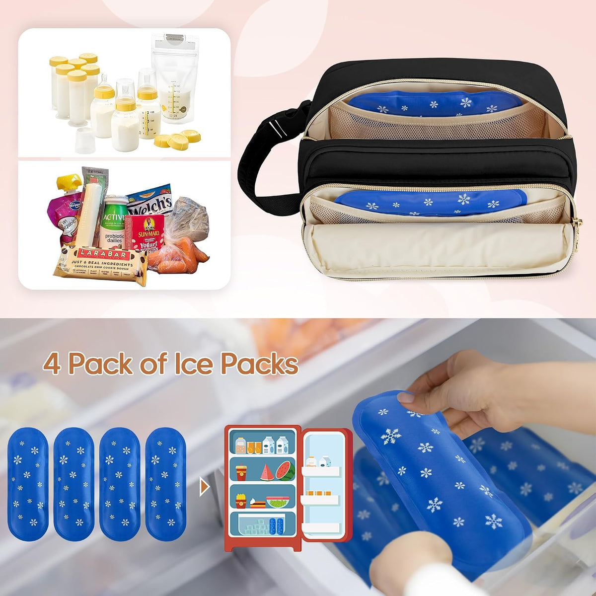 Breastmilk Cooler Bag with 4 Ice Packs for Breastfeeding Moms, Pink