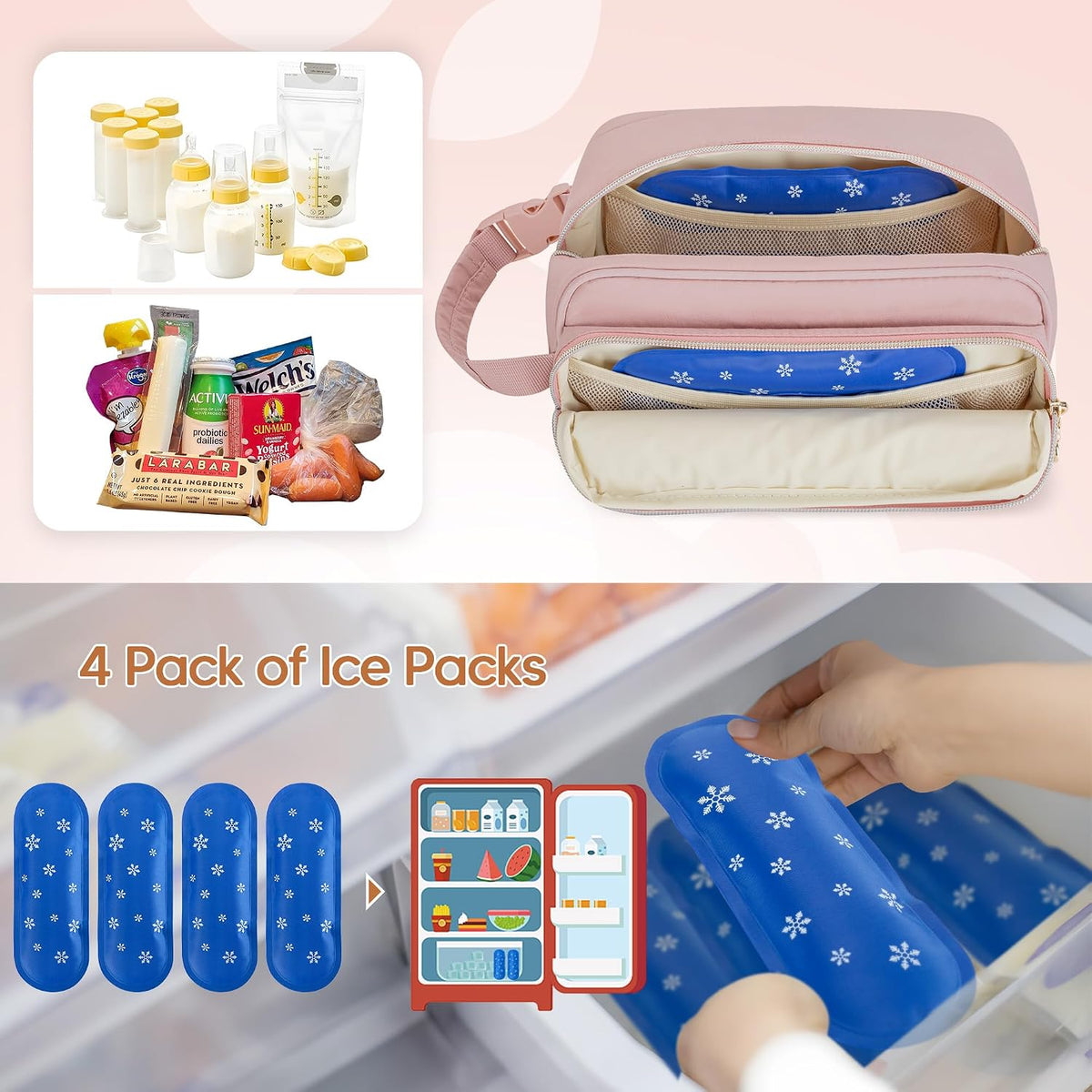 Breastmilk Cooler Bag with 4 Ice Packs for Breastfeeding Moms, Pink