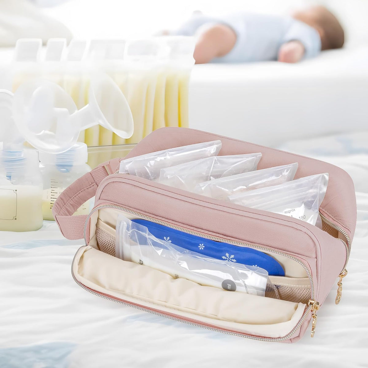 Breastmilk Cooler Bag with 4 Ice Packs for Breastfeeding Moms, Pink