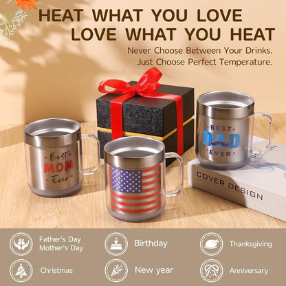 12oz Heated Mug for Coffee, 304 Stainless Steel Coffee Cup Warmer Set, USB Electric Mug Warmer for Desk, Temperature Control Coffee Cup (Silver Classic-12oz)