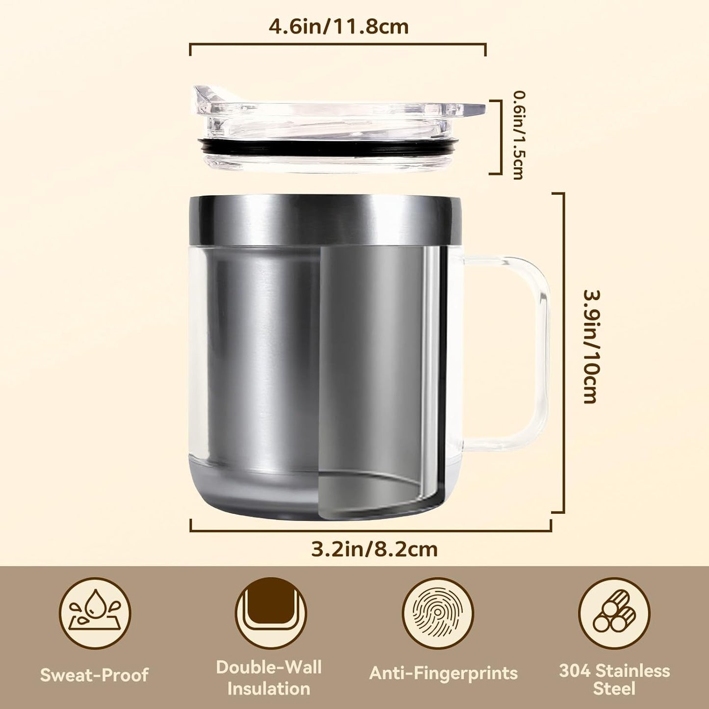 12oz Heated Mug for Coffee, 304 Stainless Steel Coffee Cup Warmer Set, USB Electric Mug Warmer for Desk, Temperature Control Coffee Cup (Silver Classic-12oz)