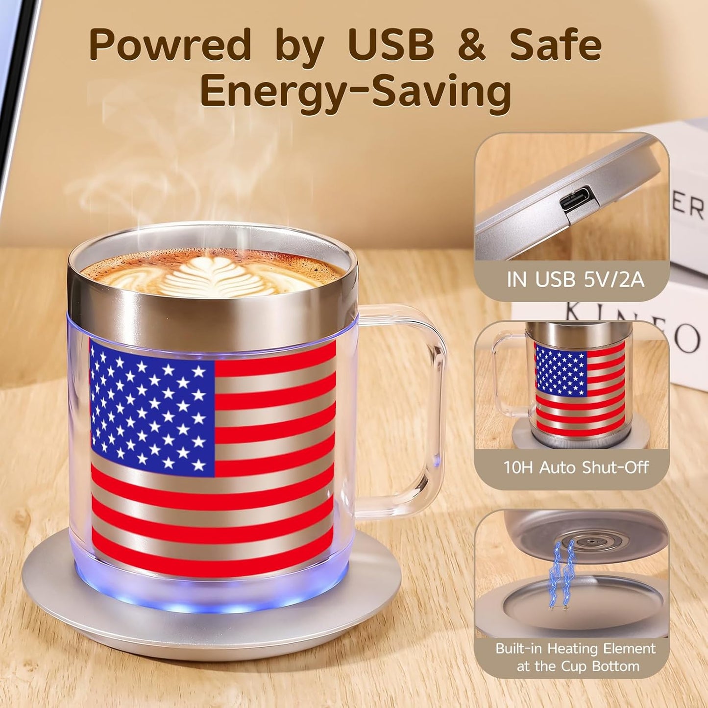 12oz Heated Mug for Coffee, 304 Stainless Steel Coffee Cup Warmer Set, USB Electric Mug Warmer for Desk, Temperature Control Coffee Cup (Silver Classic-12oz)