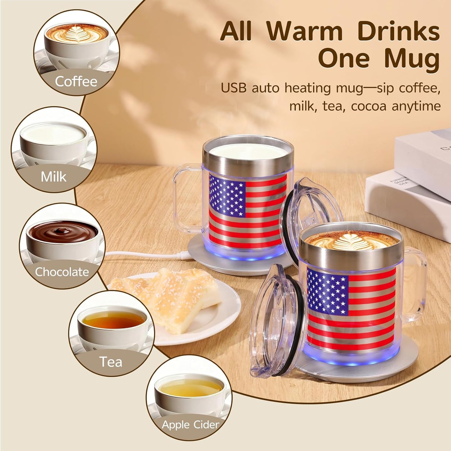 12oz Heated Mug for Coffee, 304 Stainless Steel Coffee Cup Warmer Set, USB Electric Mug Warmer for Desk, Temperature Control Coffee Cup (Silver Classic-12oz)