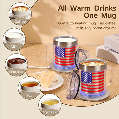 12oz Heated Mug for Coffee, 304 Stainless Steel Coffee Cup Warmer Set, USB Electric Mug Warmer for Desk, Temperature Control Coffee Cup (Silver Classic-12oz)
