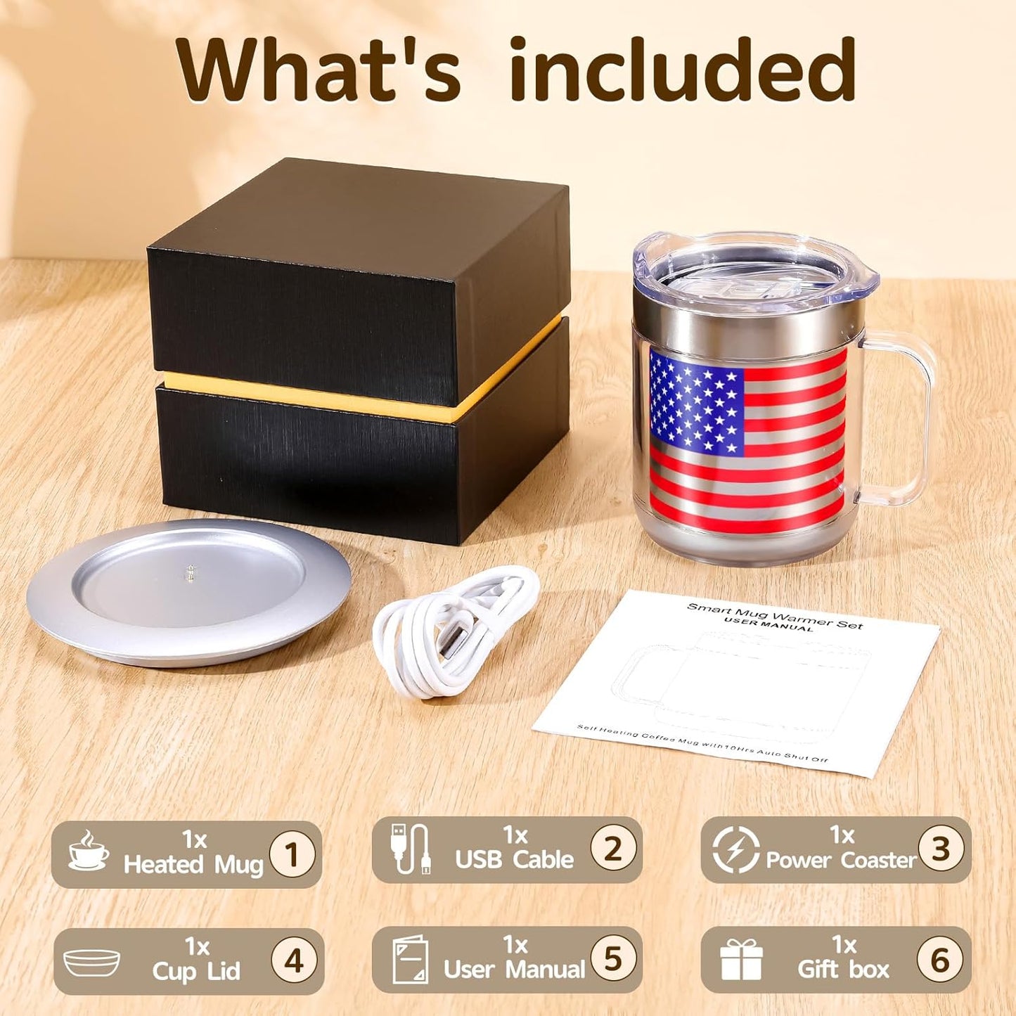 12oz Heated Mug for Coffee, 304 Stainless Steel Coffee Cup Warmer Set, USB Electric Mug Warmer for Desk, Temperature Control Coffee Cup (Silver Classic-12oz)