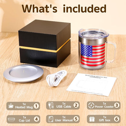 12oz Heated Mug for Coffee, 304 Stainless Steel Coffee Cup Warmer Set, USB Electric Mug Warmer for Desk, Temperature Control Coffee Cup (Silver Classic-12oz)