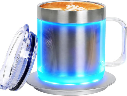 12oz Heated Mug for Coffee, 304 Stainless Steel Coffee Cup Warmer Set, USB Electric Mug Warmer for Desk, Temperature Control Coffee Cup (Silver Classic-12oz)
