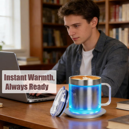 12oz Heated Mug for Coffee, 304 Stainless Steel Coffee Cup Warmer Set, USB Electric Mug Warmer for Desk, Temperature Control Coffee Cup (Silver Classic-12oz)