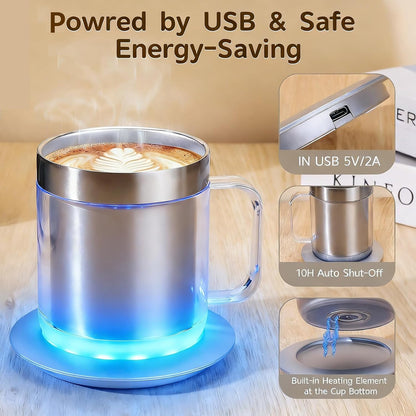 12oz Heated Mug for Coffee, 304 Stainless Steel Coffee Cup Warmer Set, USB Electric Mug Warmer for Desk, Temperature Control Coffee Cup (Silver Classic-12oz)