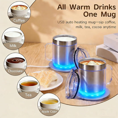 12oz Heated Mug for Coffee, 304 Stainless Steel Coffee Cup Warmer Set, USB Electric Mug Warmer for Desk, Temperature Control Coffee Cup (Silver Classic-12oz)