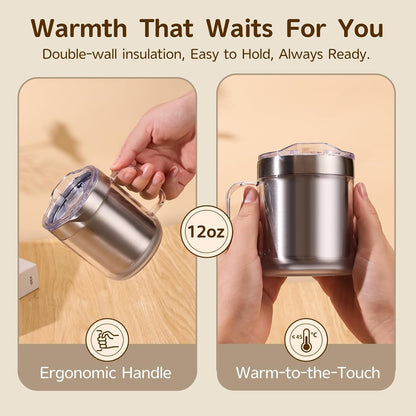 12oz Heated Mug for Coffee, 304 Stainless Steel Coffee Cup Warmer Set, USB Electric Mug Warmer for Desk, Temperature Control Coffee Cup (Silver Classic-12oz)