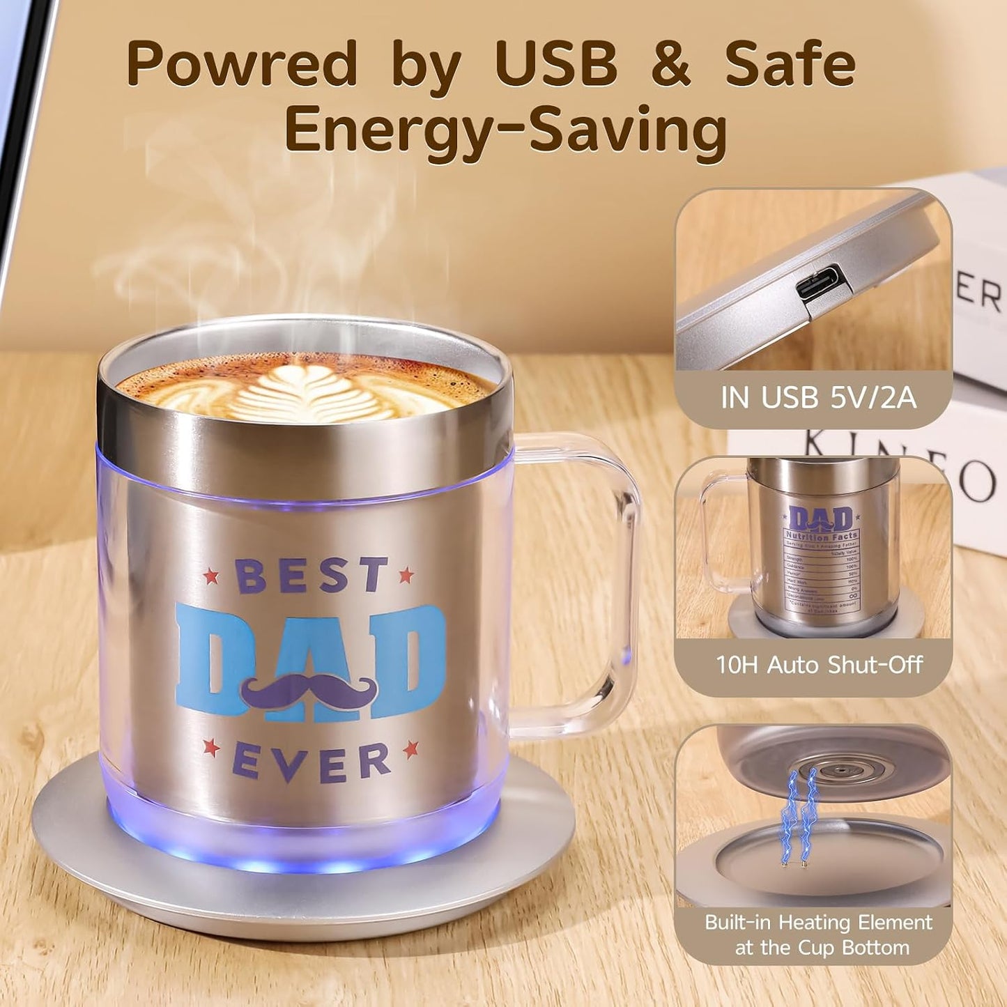 12oz Heated Mug for Coffee, 304 Stainless Steel Coffee Cup Warmer Set, USB Electric Mug Warmer for Desk, Temperature Control Coffee Cup (Silver Classic-12oz)