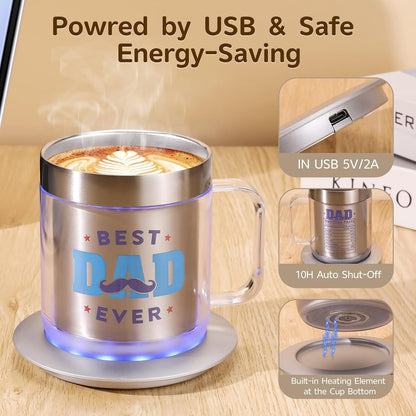 12oz Heated Mug for Coffee, 304 Stainless Steel Coffee Cup Warmer Set, USB Electric Mug Warmer for Desk, Temperature Control Coffee Cup (Silver Classic-12oz)