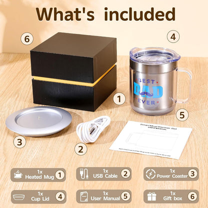 12oz Heated Mug for Coffee, 304 Stainless Steel Coffee Cup Warmer Set, USB Electric Mug Warmer for Desk, Temperature Control Coffee Cup (Silver Classic-12oz)