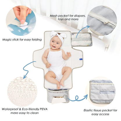 Coastal View Portable Diaper Changing Pad, Waterproof Baby Changing Mat with Storage Pocket & Built-in Pillow, Foldable Travel Pad, Newborn Gift Set for Boy Girl