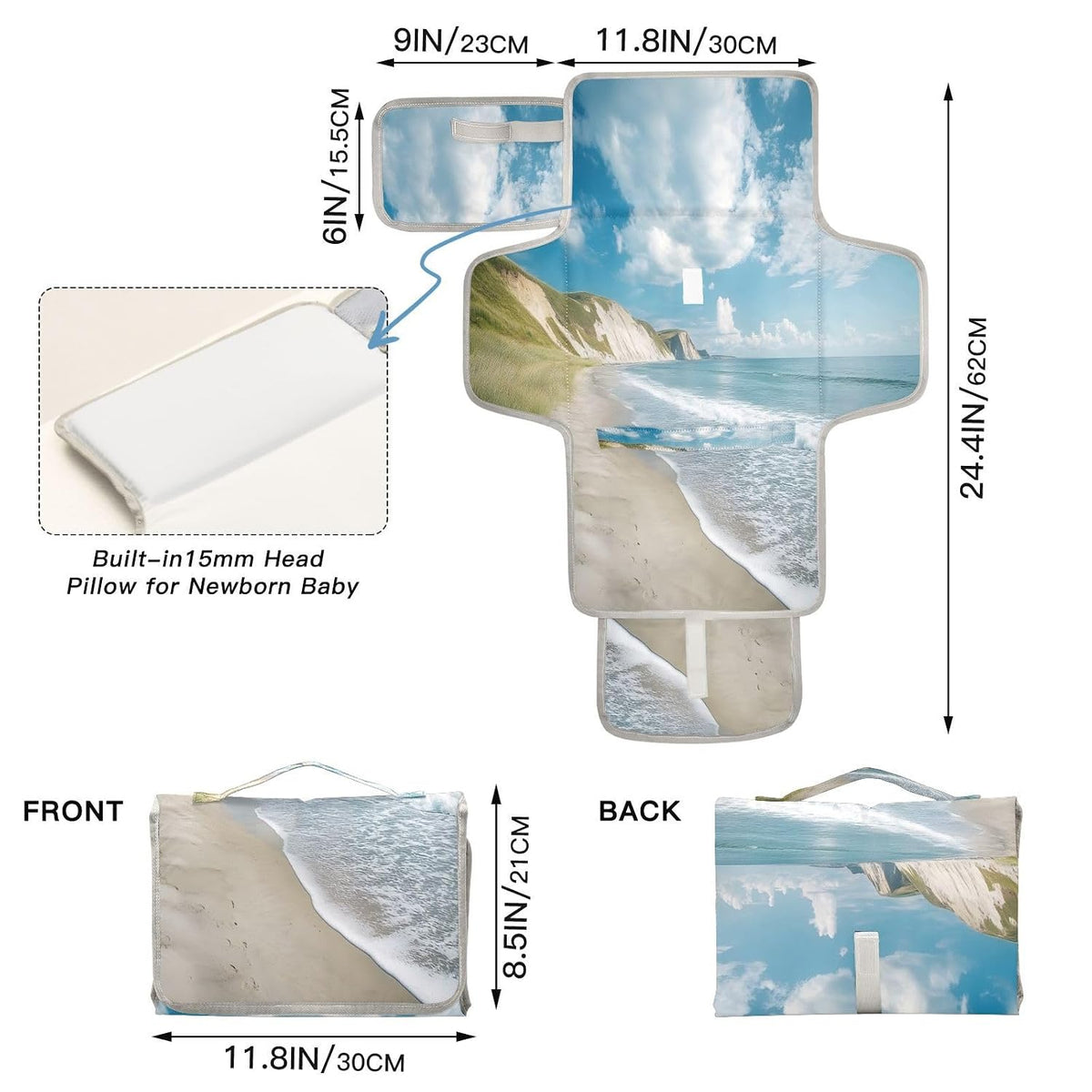 Coastal View Portable Diaper Changing Pad, Waterproof Baby Changing Mat with Storage Pocket & Built-in Pillow, Foldable Travel Pad, Newborn Gift Set for Boy Girl