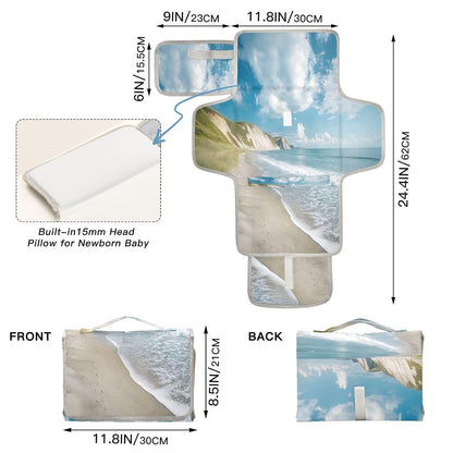 Coastal View Portable Diaper Changing Pad, Waterproof Baby Changing Mat with Storage Pocket & Built-in Pillow, Foldable Travel Pad, Newborn Gift Set for Boy Girl