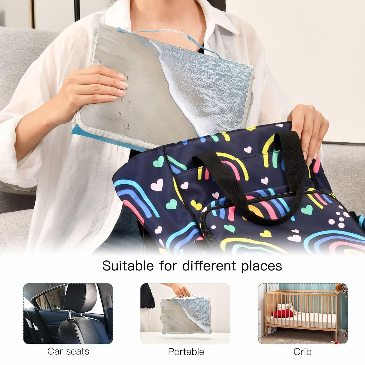 Coastal View Portable Diaper Changing Pad, Waterproof Baby Changing Mat with Storage Pocket & Built-in Pillow, Foldable Travel Pad, Newborn Gift Set for Boy Girl