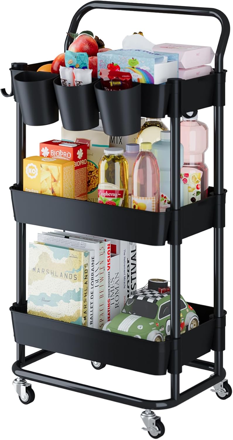3-Tier Rolling Utility Cart, Storage Cart with Handle Multi-Purpose and Locking Wheels,with Hanging Basket and Hook for Office, Kitchen, Bathroom,White