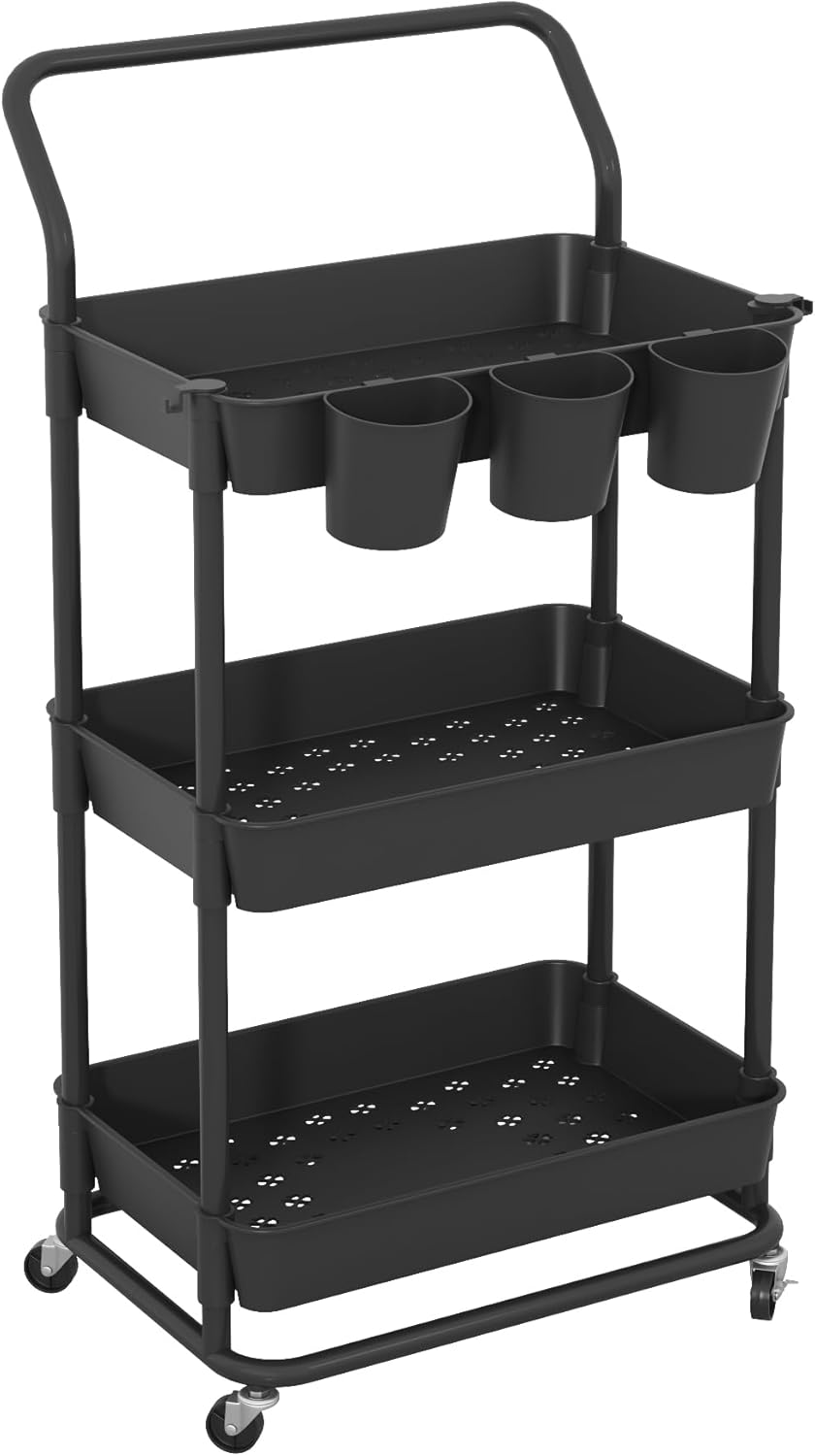 3-Tier Rolling Utility Cart, Storage Cart with Handle Multi-Purpose and Locking Wheels,with Hanging Basket and Hook for Office, Kitchen, Bathroom,White