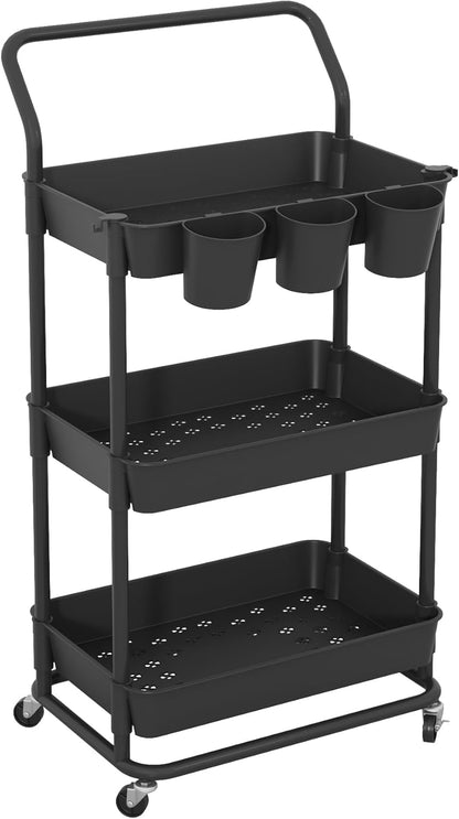 3-Tier Rolling Utility Cart, Storage Cart with Handle Multi-Purpose and Locking Wheels,with Hanging Basket and Hook for Office, Kitchen, Bathroom,White