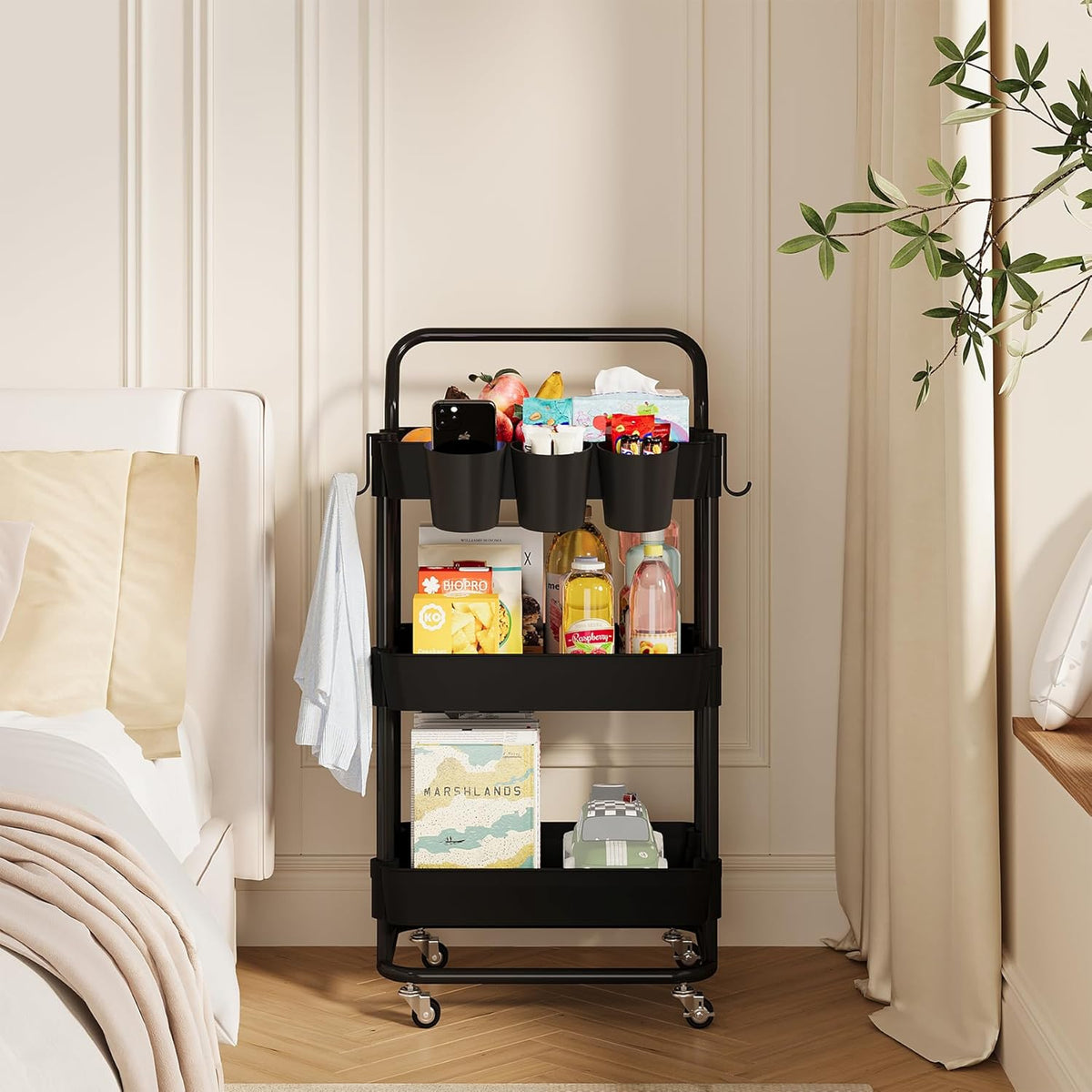 3-Tier Rolling Utility Cart, Storage Cart with Handle Multi-Purpose and Locking Wheels,with Hanging Basket and Hook for Office, Kitchen, Bathroom,White